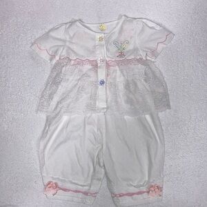 Baby togs vintage white lace trimmed overalls and bolero 3/6m